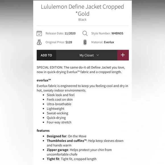 Lululemon Define Jacket Cropped *Gold Size 8 - Picture 11 of 11